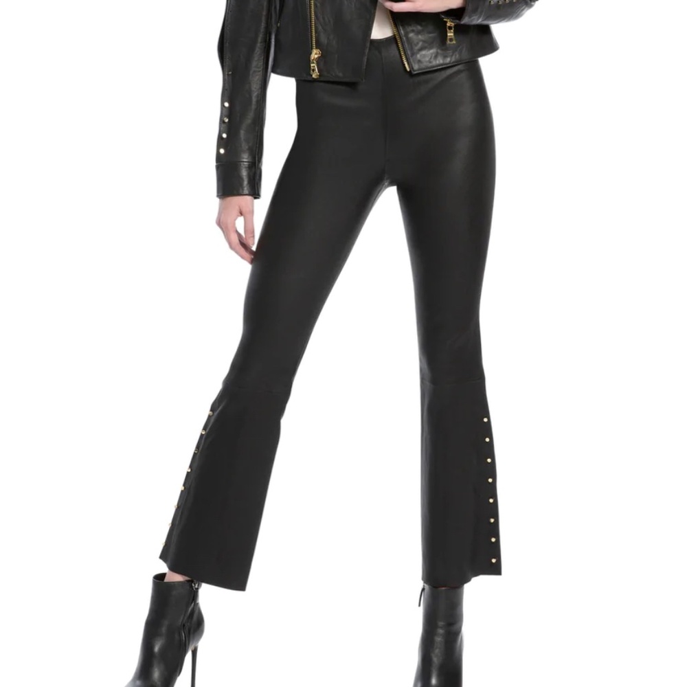 Alice+Olivia Real Leather High Rise Flare Lightweight Pants